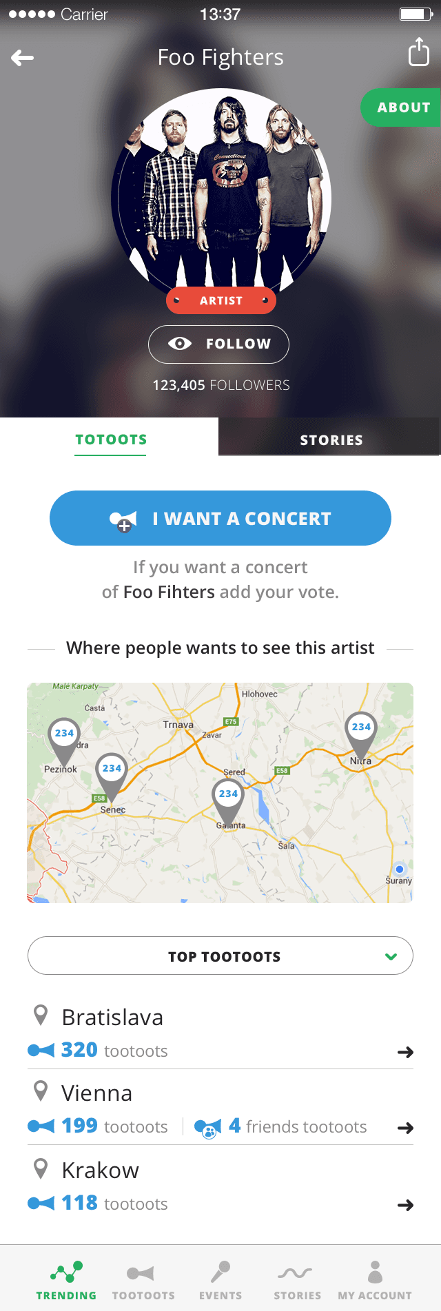 Tootoot — Artist page with demand CTA